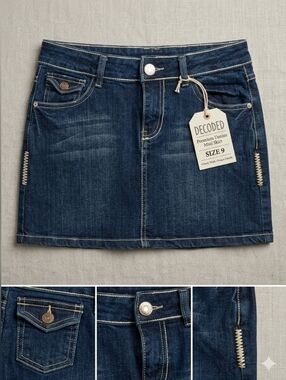 Decoded Junior Denim Mini Skirt Dark Wash Size 9 - Distressed Contrast Stitch